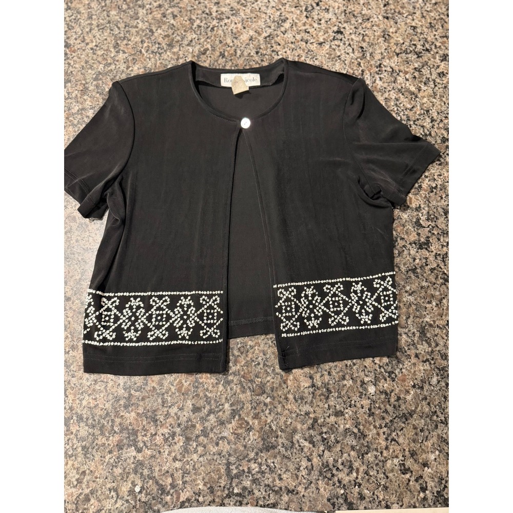 Ronni Nicole Vintage Black Beaded Shrug Cardigan Short‎ Sleeve Bolero Size 8 USA